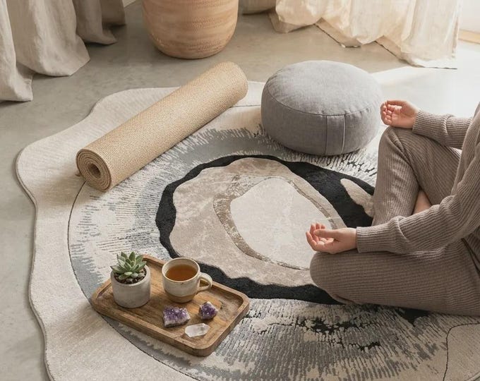 Organic Geode Area Rug, Modern Abstract Stone Rug, Luxury Agate Inspired Carpet, Neutral Beige Gray Rug, Anti-Allergy Living Room Decor