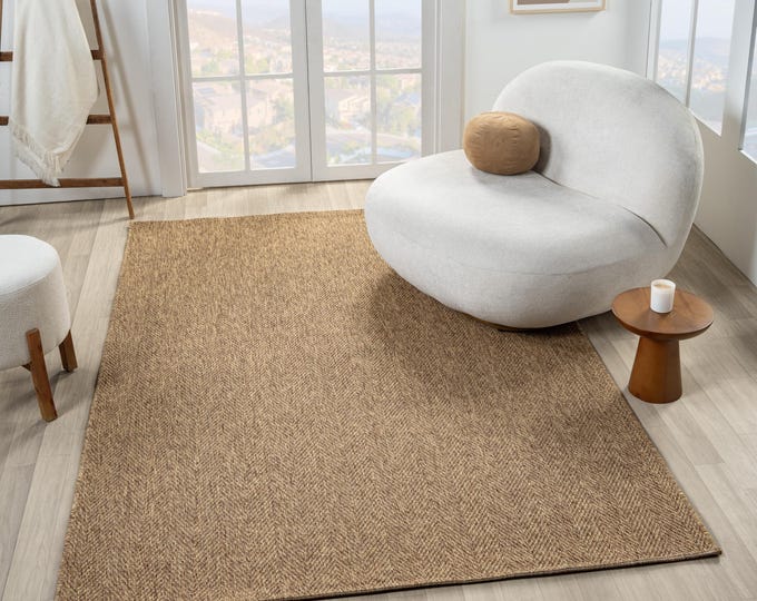 Brown Herringbone Jute Look Area Rug, Flatweave Farmhouse Carpet, Modern Boho Rug, Neutral Living Room Bedroom Entryway Decor
