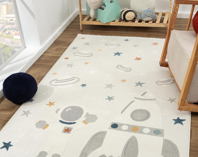 Astronaut Kids Rug, Starry Nursery Carpet, Anti-Allergic