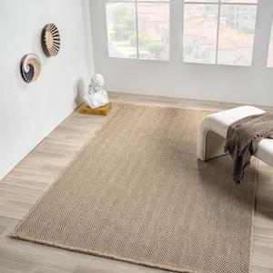 Tappeto in juta beige scuro, lavabile, con motivo a spina di pesce, stile boho scandinavo, tappeto da soggiorno dai toni neutri, passatoia per corridoio, tappeto turco moderno