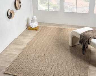 Dunkelbeiger Jute-Teppich, waschbarer Teppich im skandinavischen Boho-Stil mit Fischgrätmuster, neutralfarbener Wohnzimmerteppich, Flurläufer, moderner türkischer Teppich