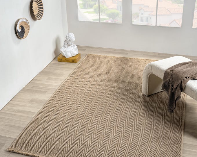 Dark Beige Jute Rug, Washable Herringbone Pattern Scandinavian Boho Rug, Neutral-Toned Living Room Rug, Hallway Runner, Modern Turkish Rug