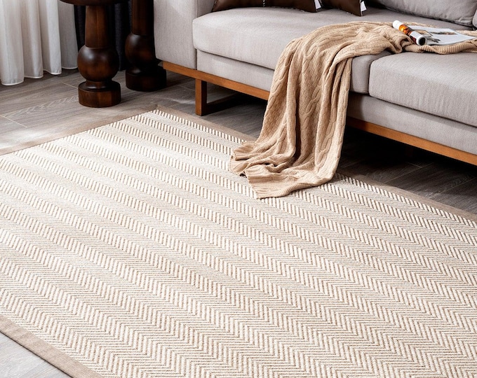 Beige Herringbone Area Rug, Sisal Look Rug, Neutral Modern Carpet, Scandinavian Living Room Rug, Farmhouse Bedroom Rug
