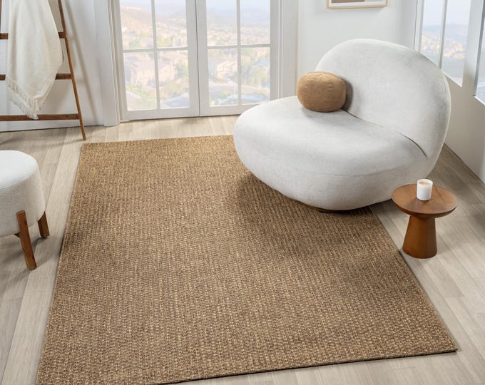 Brown Jute Look Area Rug, Wicker Design Indoor Outdoor Carpet, Boho Flatweave Rug, Patio Living Room Kitchen Rug