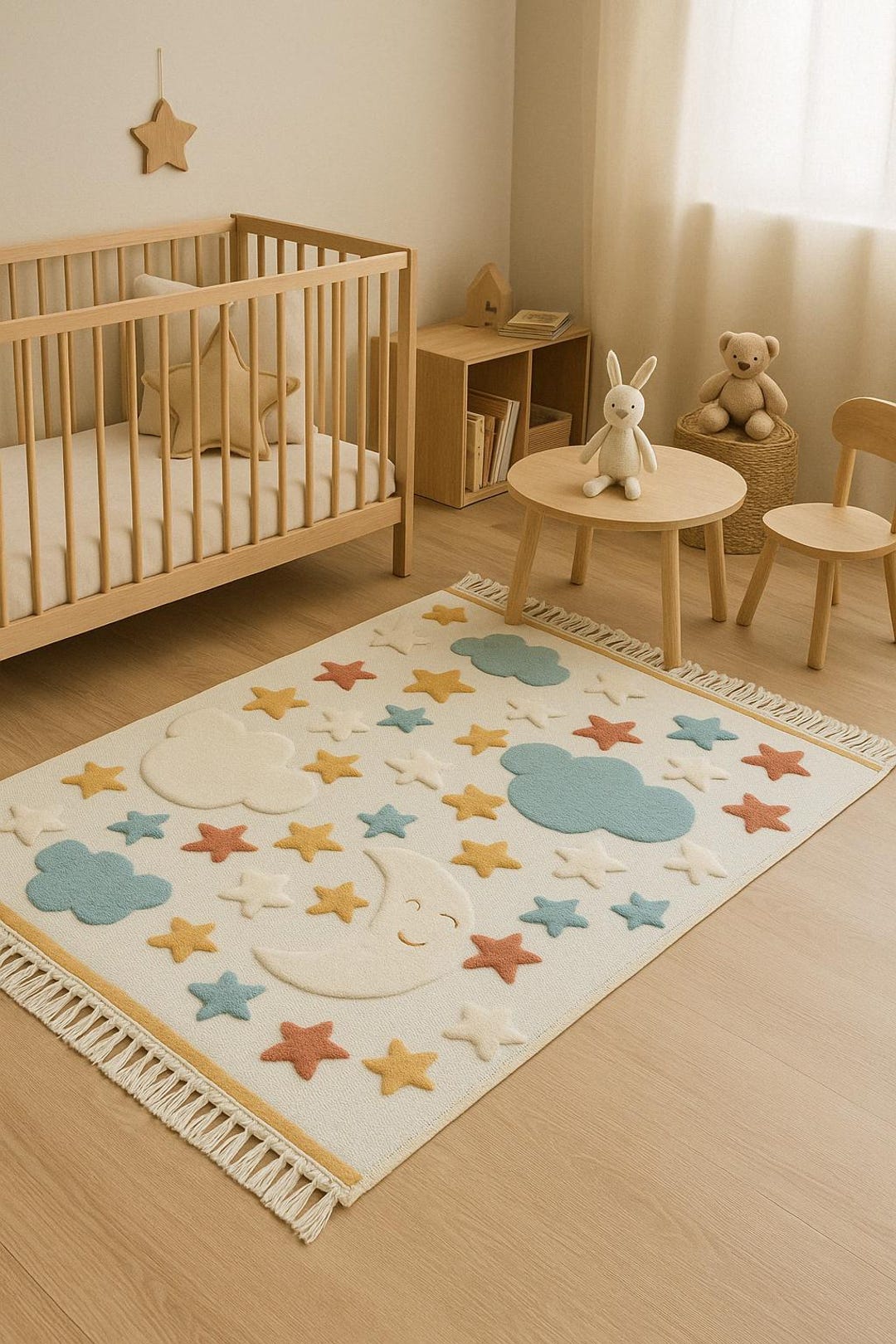 Anti-allergic Kids Rug With Moon & Stars – 100% Cotton Base, Dust-free ...