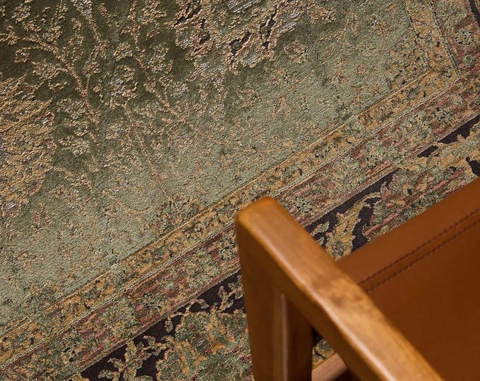 Vintage Green Viscose Rug – Floral Low Pile Carpet