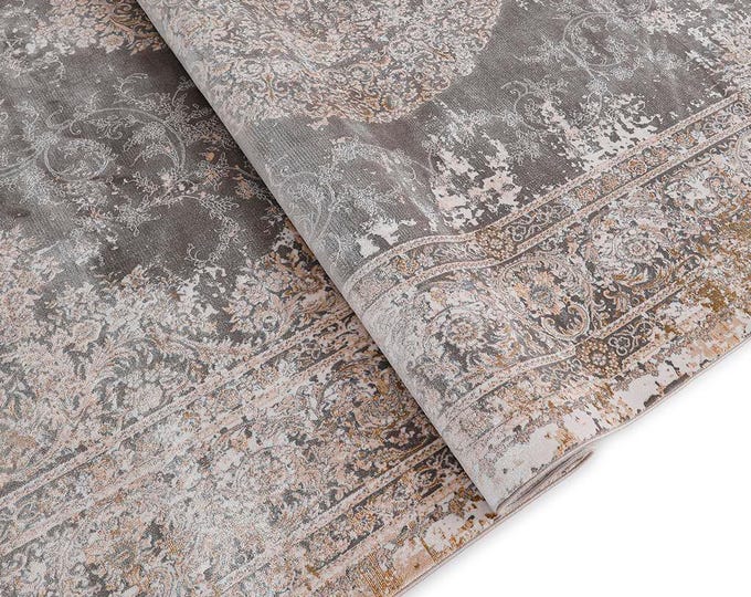 Ottoman Medallion Hall Carpet, Black Bamboo Viscose, Soft Texture