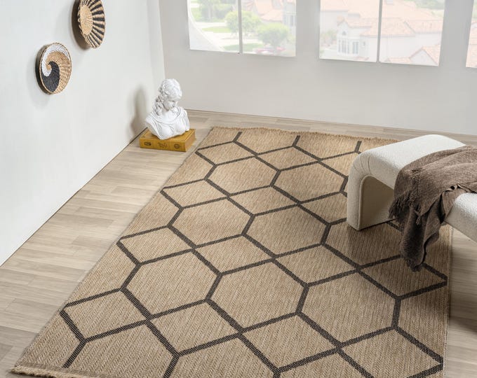 Modern Jute Look Rug, Beige Black Geometric Area Rug, Flatweave Farmhouse Carpet, Boho Living Room Entryway Rug