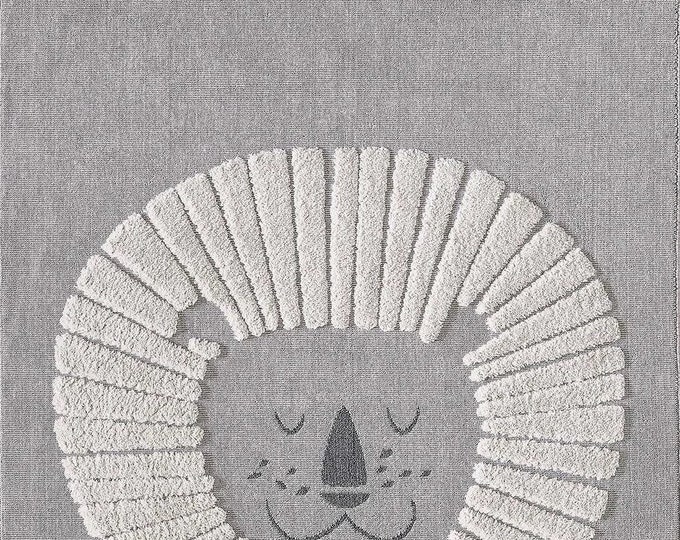Lion Nursery Rug, Gray Animal Carpet, Antiallergic Kids Room Decor