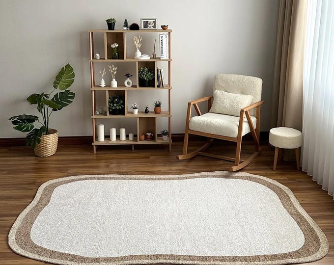 Double-Sided Organic-Shaped Rug, Reversible Rug, Wavy-Edged Rug, Living Room Rug in Cream and Brown Tones, Scandinavian-Style Decorative