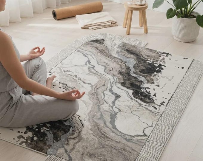 Asymmetrical modern art rug - hypoallergenic, non-shedding, stylish for home decor.