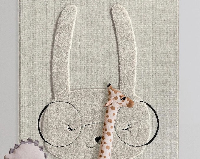 Rabbit Kids Room Rug, Antiallergic Ecru Nursery Carpet