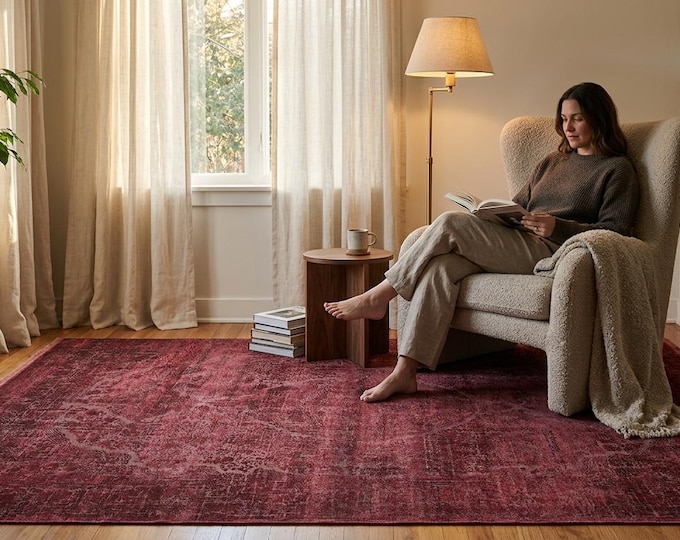 Hand-Painted Red Viscose Blend Carpet, Silky Soft Area Rug for Living Room or Hallway, Elegant Textured Carpet.