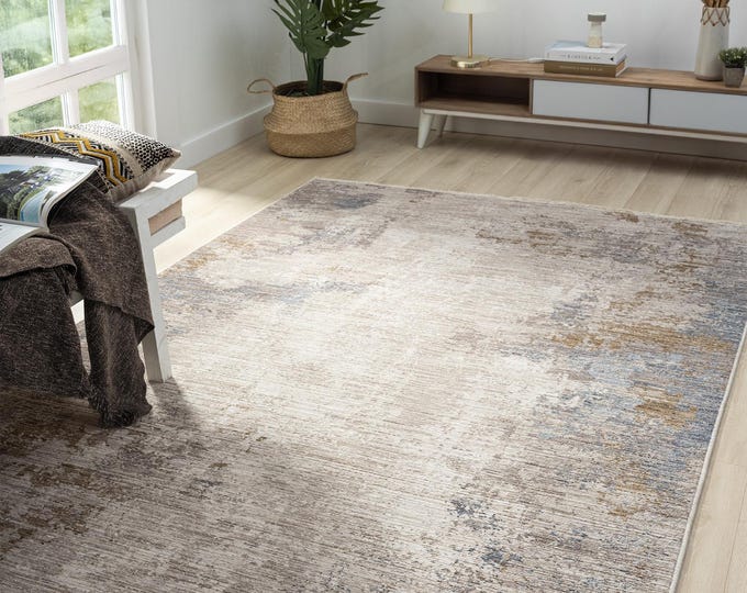Modern Abstract Area Rug, Beige Orange Gray, Low Pile