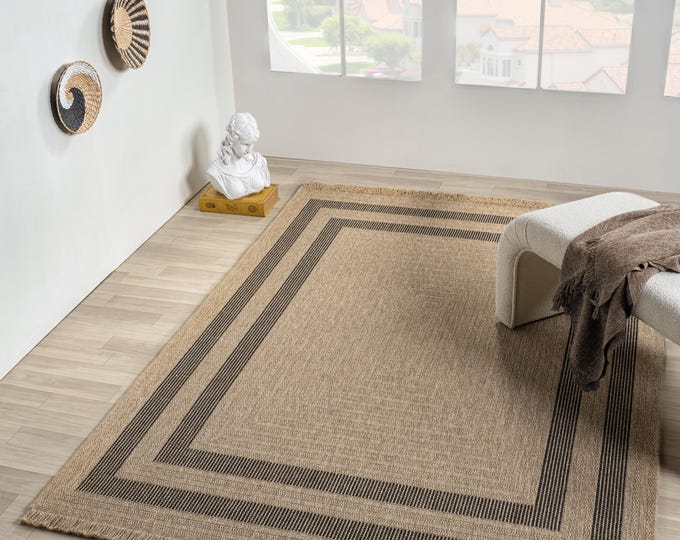Beige Jute Look Area Rug, Black Border Flatweave Carpet, Modern Farmhouse Rug, Boho Living Room Rug, Neutral Entryway & Bedroom Decor