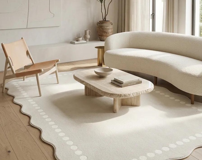 White Asymmetrical Cut-Edge Cream Dot Pattern Soft Modern Bedroom Carpet Children's Room Hypoallergenic Easy-Clean Living Room Carpet