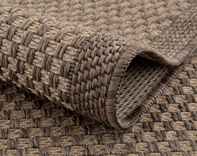 Brown Rug with Natural Jute Look, Woven Rug in Neutral Tones, Modern Farmhouse Style Rug, Wicker-Patterned Rug for Living Room and Entryway