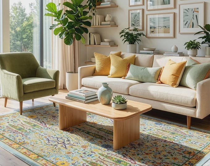 Luxury Traditional Green Area Rug | Turkish Inspired Vintage Carpet | Stain Resistant | Anti Allergy | Robot Vacuum Friendly