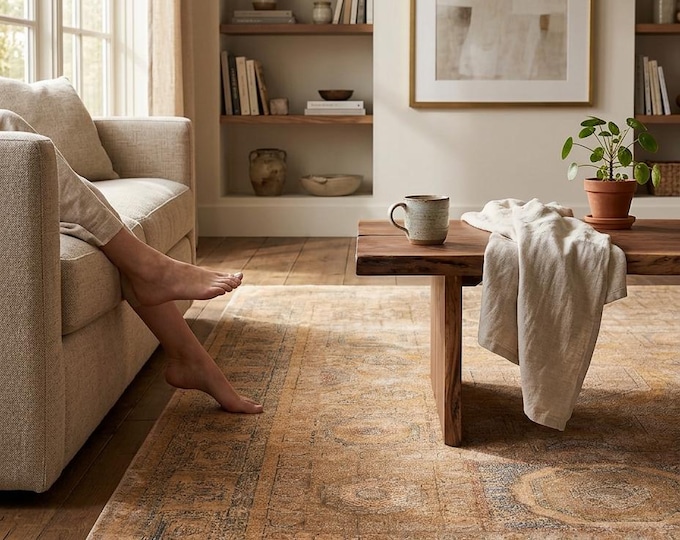 Mustard-Colored Mamluk-Patterned Rug – High-Density Weave, Natural Fiber, Distressed-Vintage Rug
