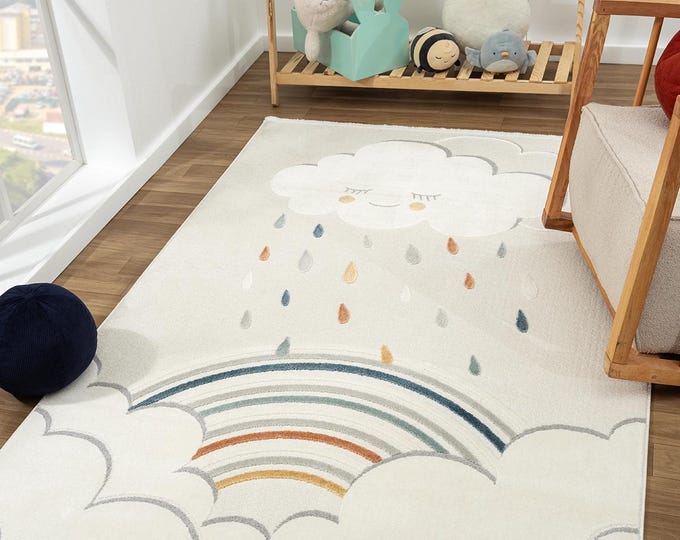 Cloud & Rainbow Kids Rug, Ecru Nursery Carpet, Antiallergic