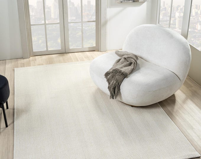 Cream Herringbone Jute Look Area Rug, Modern Flatweave Carpet, Neutral Boho Farmhouse Rug, Living Room Bedroom Entryway Decor