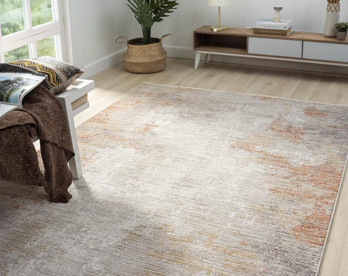 Modern Abstract Area Rug, Orange Grey Terracotta Distressed Design
