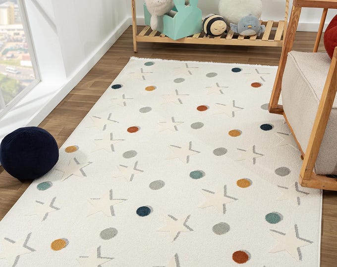 Starry Kids Room Rug, Ecru Nursery Carpet, Teen Room Decor