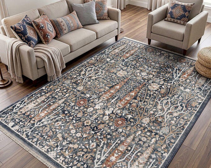 Blue Vintage Floral Pattern Rug, Distressed Traditional Pattern Pet-Friendly Short Pile Rug, Robot Vacuum Cleaner Compatible Living Room Rug