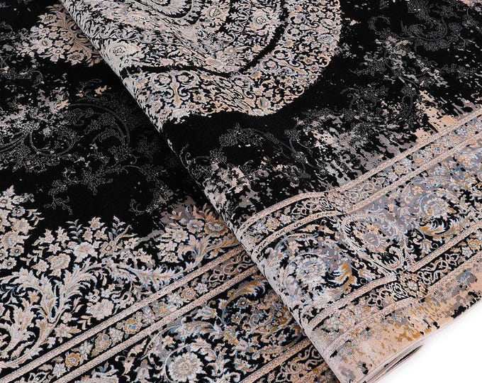 Ottoman Medallion Black Viscose Rug, Hall Carpet, Natural Yarn