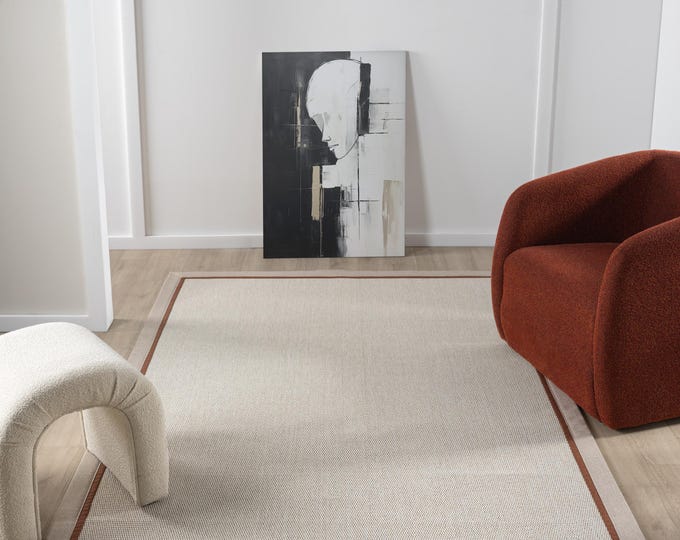 Beige Jute Rug with Brown Border – Durable, Pet-Friendly Carpet