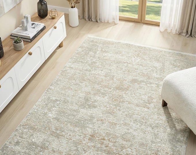 Vintage Beige Area Rug, Soft Distressed Carpet, Neutral Living Room Rug Modern Bedroom Rug, Low Pile Turkish Rug, Washable Look Floor Carpet