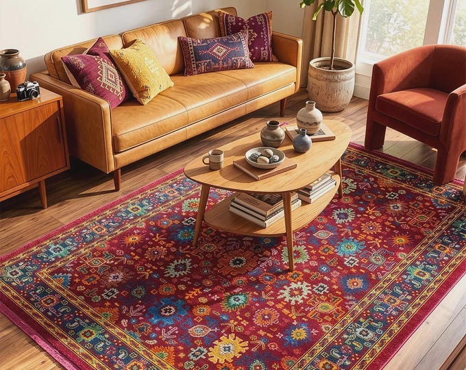 Luxury Traditional Red Area Rug | Turkish Inspired Vintage Carpet | Stain Resistant | Anti Allergy | Robot Vacuum Friendly