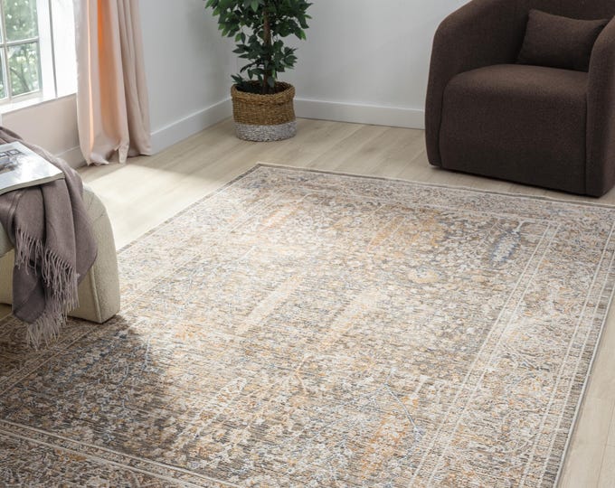 Vintage Beige Oriental Rug   Fringed Micro Polyester Area Carpet