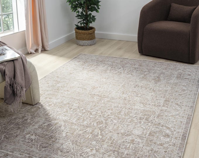 Beige Area Rug – Soft Micro Polyester Fringed Carpet