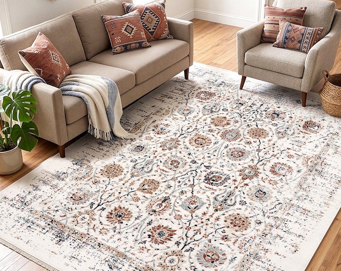 Vintage Style Cream Area Rug, Distressed Oriental Rug, Traditional Floral Carpet, Beige Blue Living Room Rug, Boho Turkish Style Rug