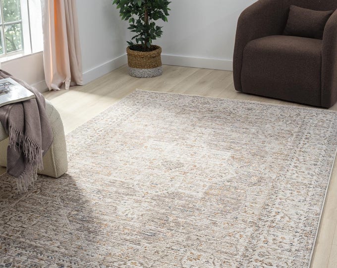 Beige Medallion Motif Carpet - Soft Micro Polyester Carpet, Fringed, Dust-Resistant, Stain-Resistant, Neutral