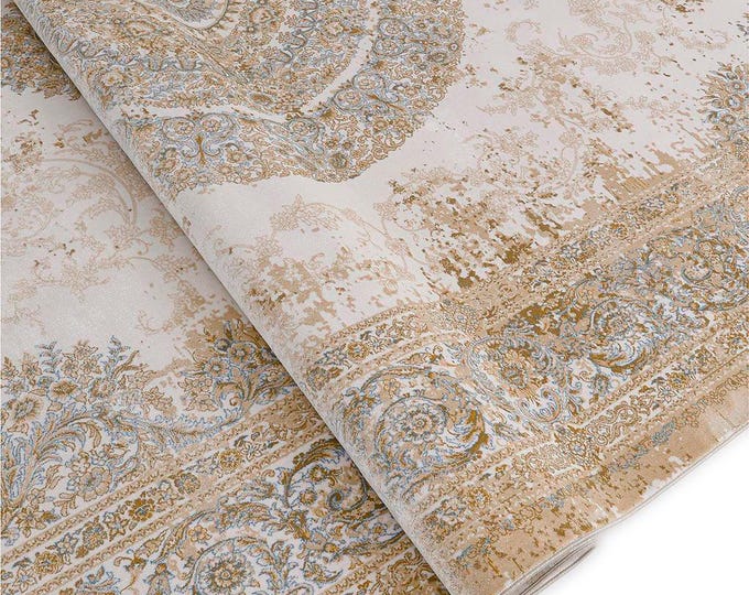Ottoman Medallion Viscose Rug, Turquoise Accent, Natural Yarn