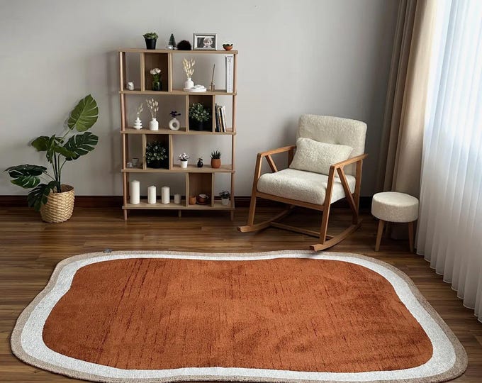 Double Sided Organic Shape Rug, Reversible Area Rug, Wavy Edge Carpet, Modern Neutral Living Room Rug, Scandinavian Home Decor Rug
