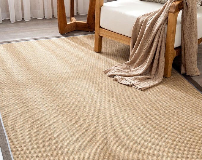 Modern rug in neutral tones with a sisal weave and a brown-and-blue dual-tone border; suitable for kitchens, living rooms, or farmhouse