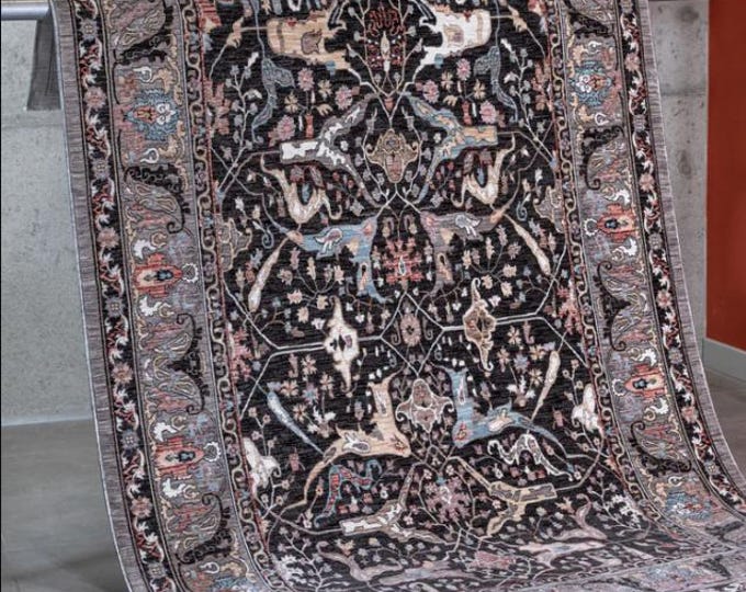 Black Tribal Area Rug, Ethnic Traditional Rug, Vintage Inspired Carpet, Turkish Style Living Room Rug, Durable Low Pile Rug