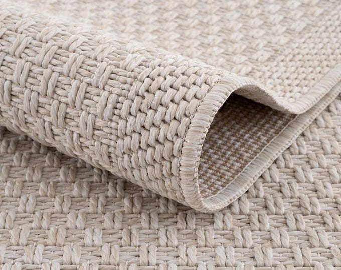 Cream Woven Area Rug, Minimalist Neutral Carpet, Textured Border Rug, Modern Beige Living Room Rug, Bedroom and Entryway Decor