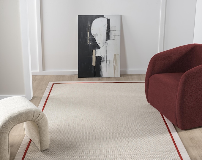 Beige Jute Area Rug – Red Fabric Border, Pet-Friendly Carpet