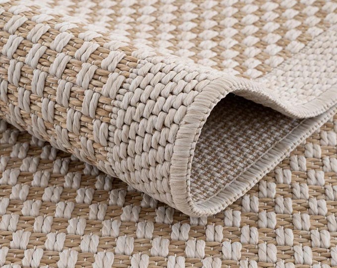 Cream Natural Jute Look Rug, Neutral Woven Area Rug, Modern Farmhouse Carpet, Beige Checkered Rug for Living Room and Entryway