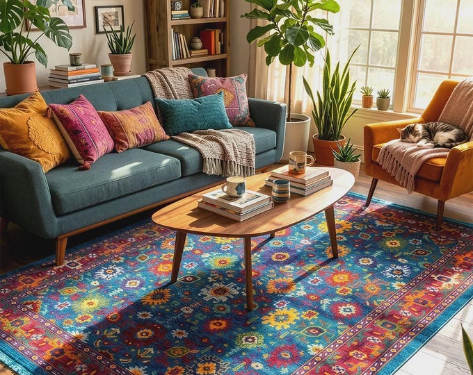 Luxury Traditional Blue Area Rug | Turkish Inspired Vintage Carpet | Stain Resistant | Anti Allergy | Robot Vacuum Friendly