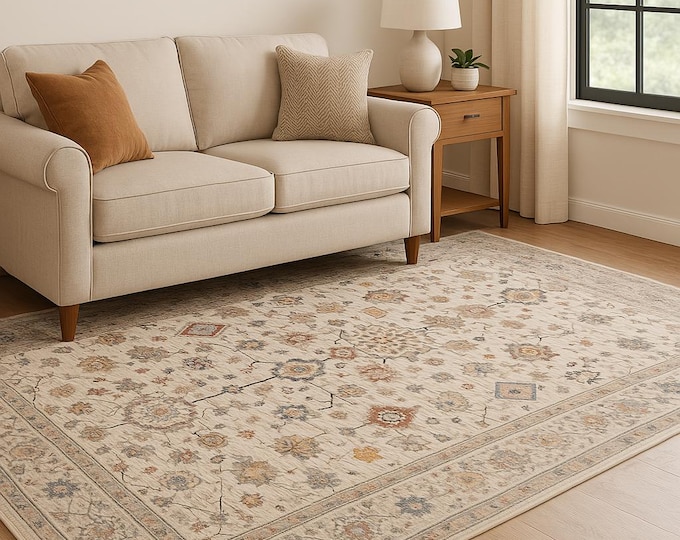 Vintage Boho Cream Rug – Hand Woven Patterned Carpet