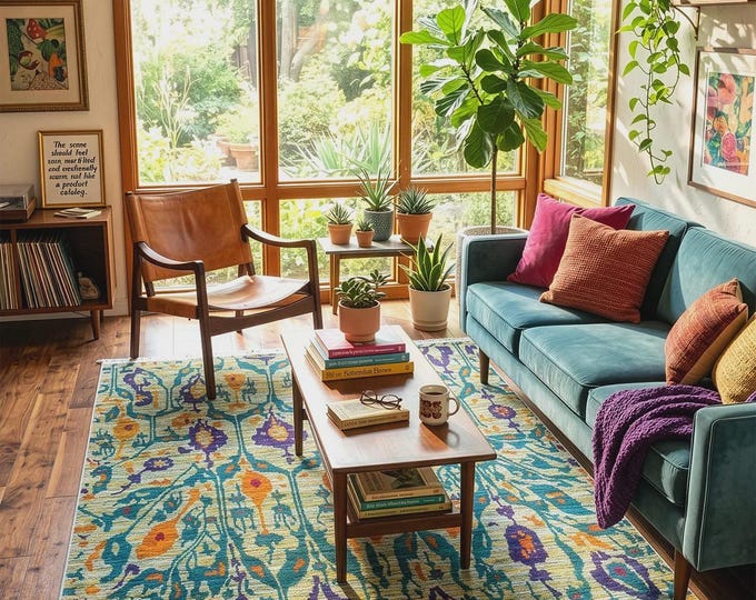 Ebru Art Traditional Green Carpet | Turkish-Inspired Vintage Carpet | Stain Resistant | Non-Allergenic | Robot Vacuum Cleaner Friendly