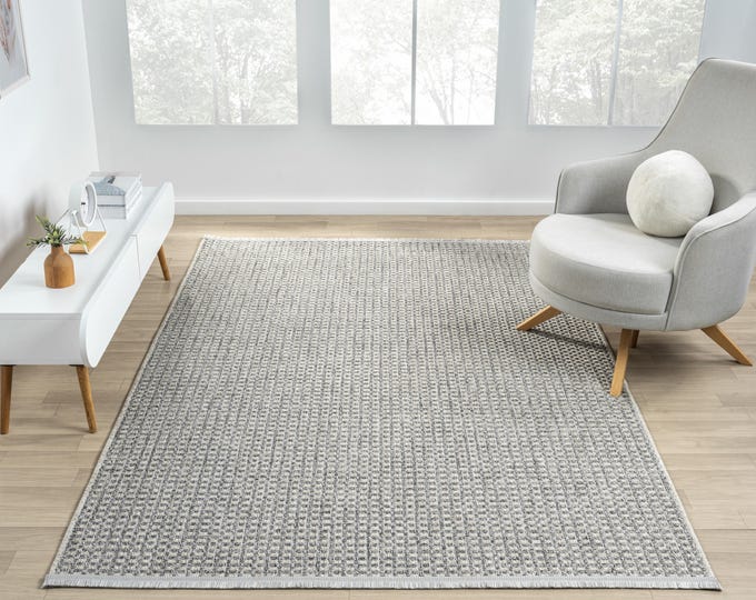 Gray Jute Look Area Rug, Woven Checkered Flatweave Carpet, Modern Farmhouse Rug, Neutral Boho Living Room Bedroom Entryway Decor