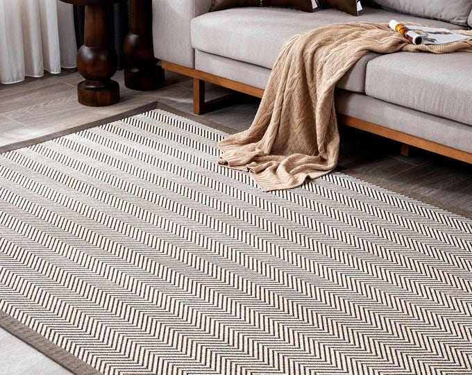 Brown Herringbone Area Rug, Sisal Look Rug, Neutral Modern Carpet, Scandinavian Living Room Rug, Farmhouse Bedroom Rug