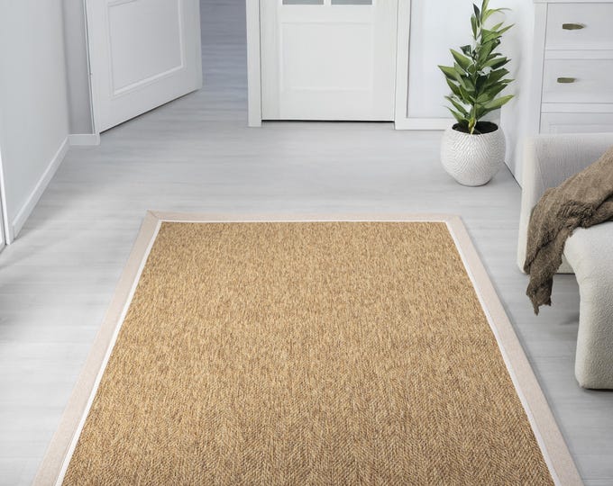 Brown Jute Area Rug – Pet Friendly Woven Carpet with Fabric Border