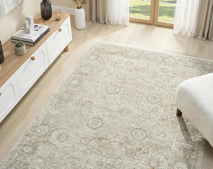 Vintage Beige Rug, Soft Distressed Viscose Yarn Rug, Neutral-Toned Living Room and Modern Bedroom Rug, Turkish Rug, High-Quality Floor Rug